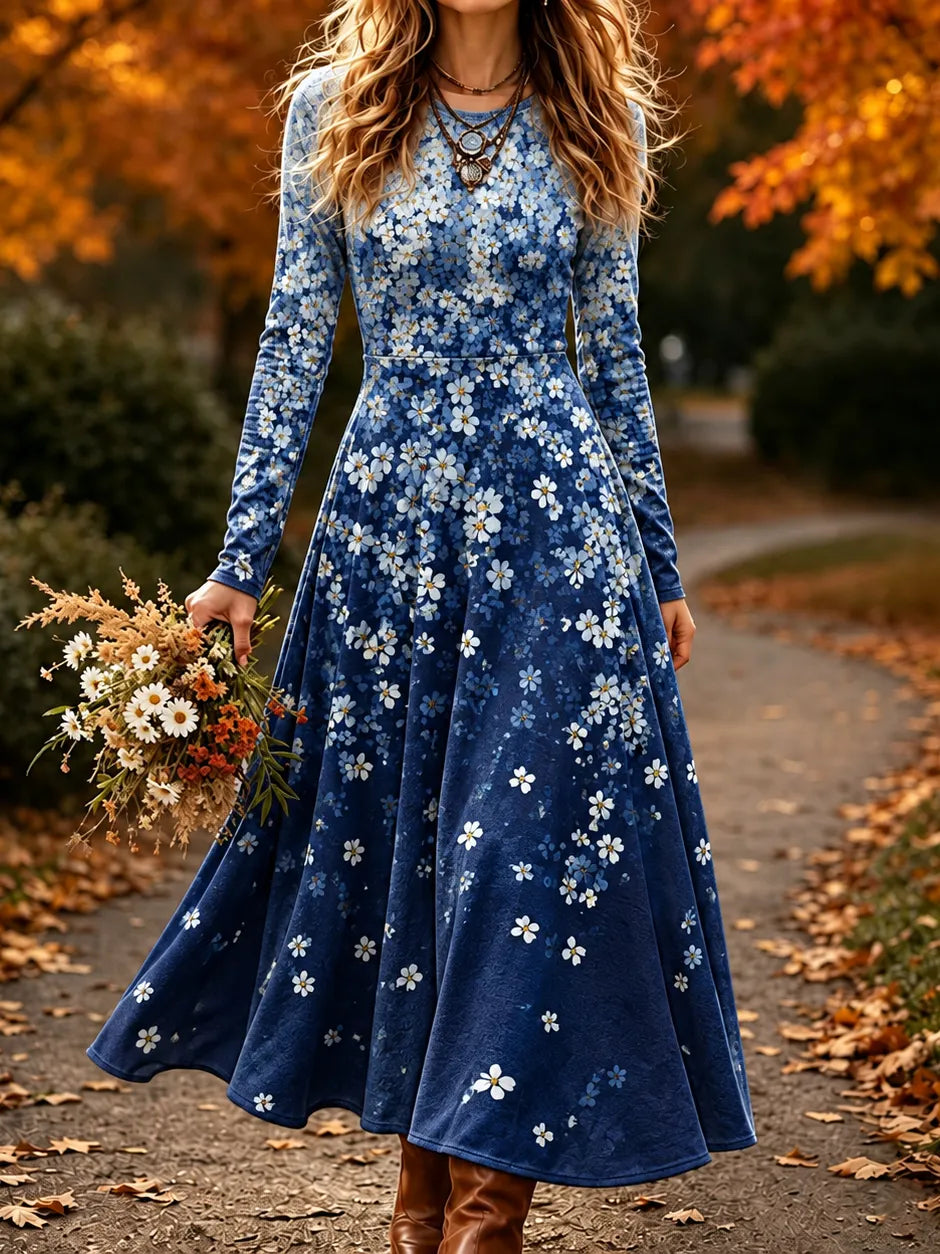 Women's Retro Floral Print Crew Neck Long Sleeve Maxi Dress