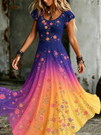 Women's Ethnic Floral Gradient Pattern Comfortable Round Neck Dress