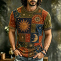 Men's Mixed Textile Tribal Trim Celestial Sun Moon Print Crew Neck Short Sleeve T-Shirt