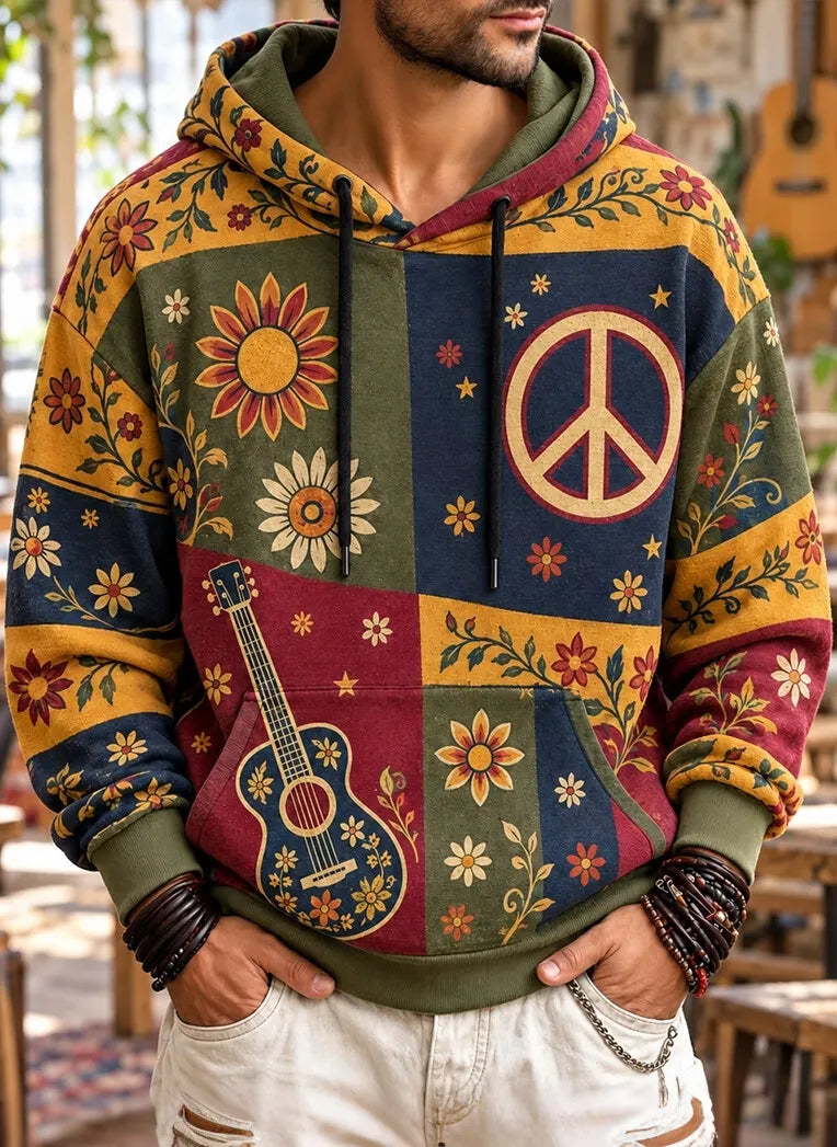 Men's Hippie Peace Guitar Floral Patchwork Print Pullover Pocket Hoodie