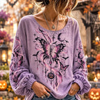 Women's Halloween Purple Butterfly And Pumpkin Lantern Print Long Sleeve Casual Top