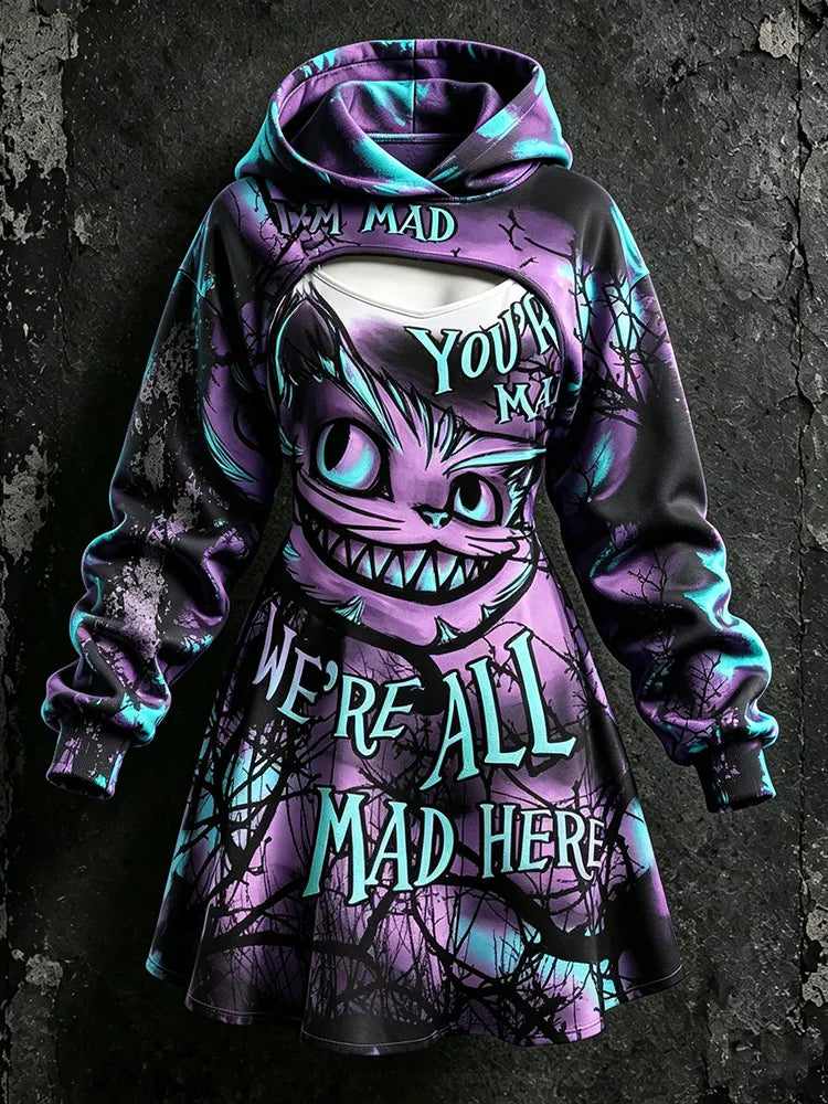 Halloween Tie-dye Cat And Dry Tree Branch Print Hoodie And Sundress Two-piece Set