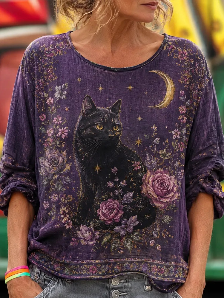 Women's Vintage Black Cat & Crescent Moon Print Long-sleeve Casual Blouse