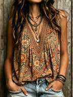 Women's Retro Floral Pattern Crew Neck Linen Blend Tank Top