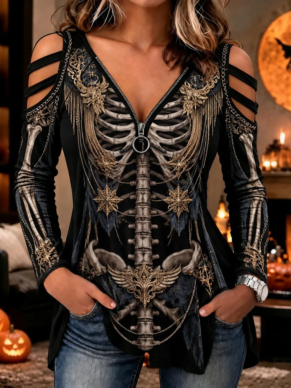 Women's Halloween Skeleton And Chain Print Drop-shoulder T-shirt
