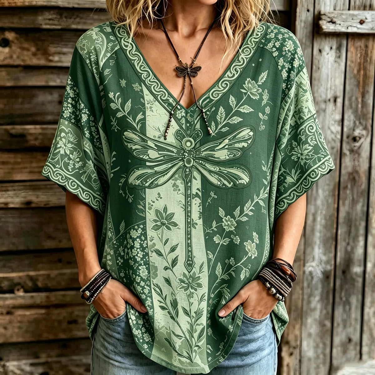 Women's Retro Bohemian Hippie Style Dragonfly And Floral Embroidered V-neck Top