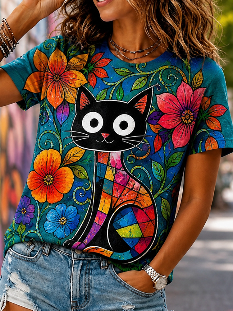 Women's Hippie-style Floral Cat Print Short-sleeve Crew Neck Top
