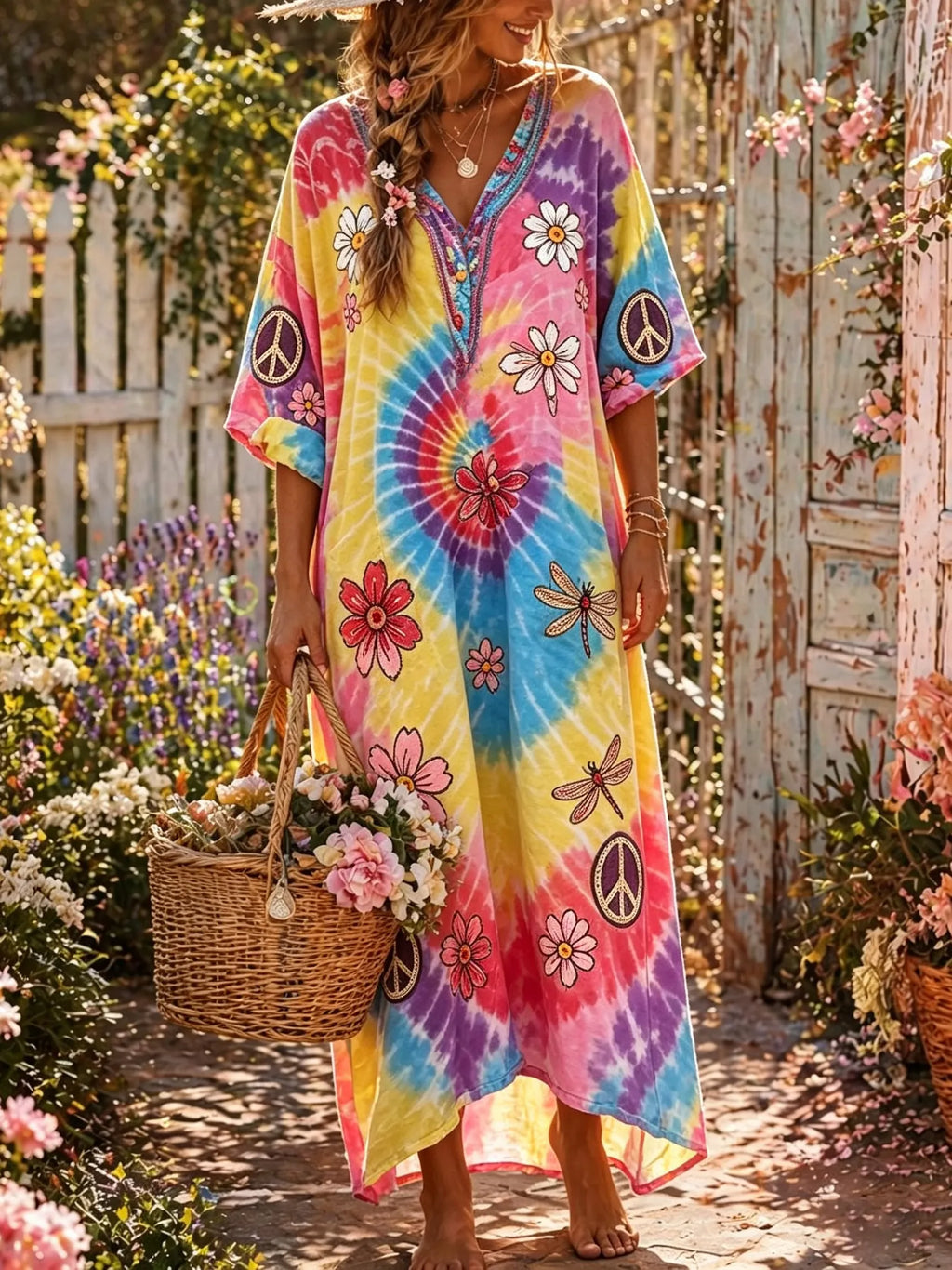 Women's Hippie Tie-dye Floral Patchwork Vacation V-neck Linen Maxi Dress