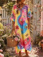 Women's Hippie Tie-dye Floral Patchwork Vacation V-neck Linen Maxi Dress