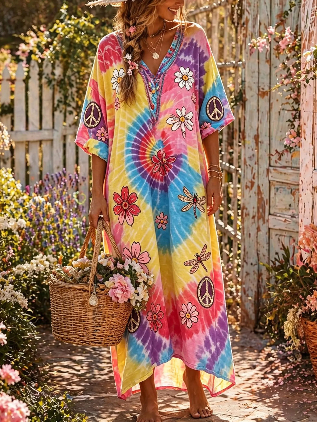 Women's Hippie Tie-dye Floral Patchwork Vacation V-neck Linen Maxi Dress