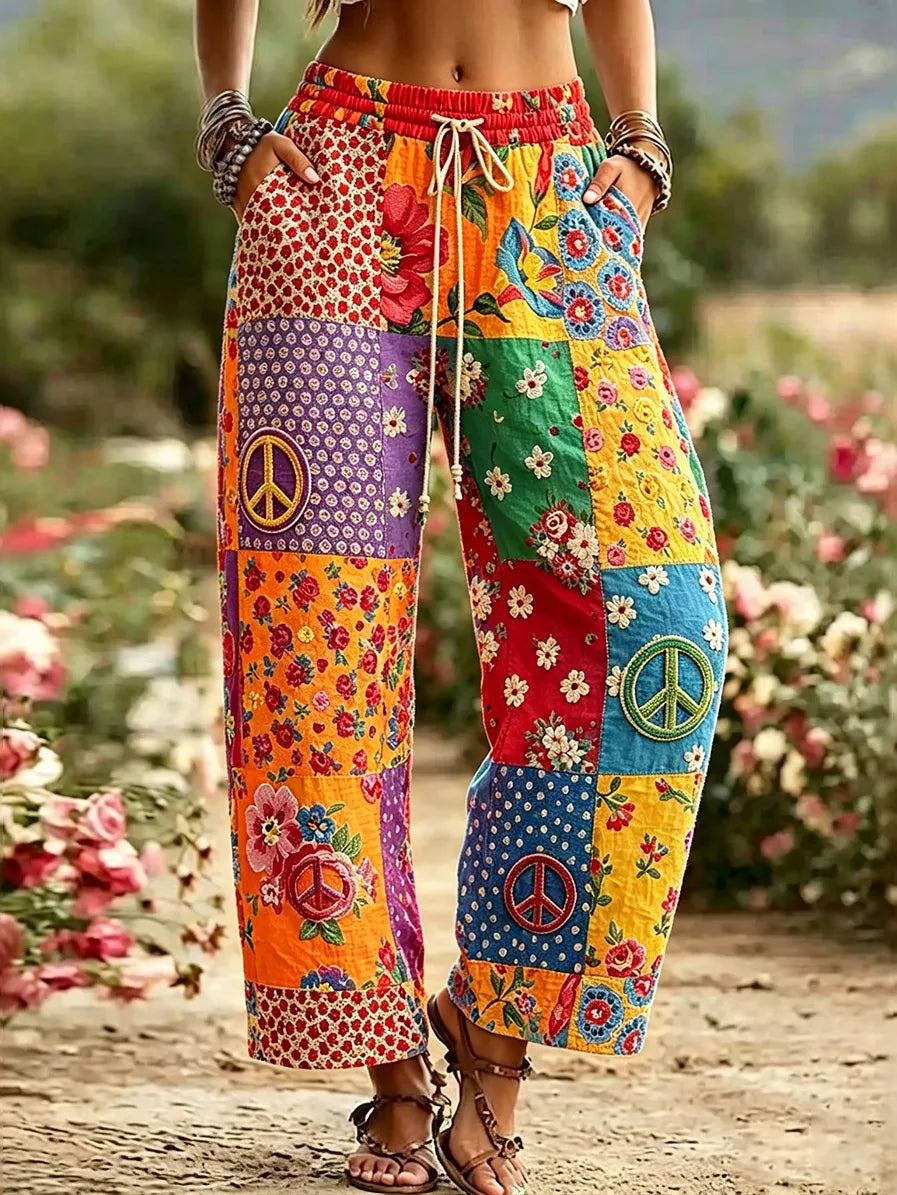 Women's Bohemian Floral Pattern Casual Linen  Pants