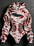 Women's Halloween Bloodstain Lace-up Skeleton Print Hoodie Set