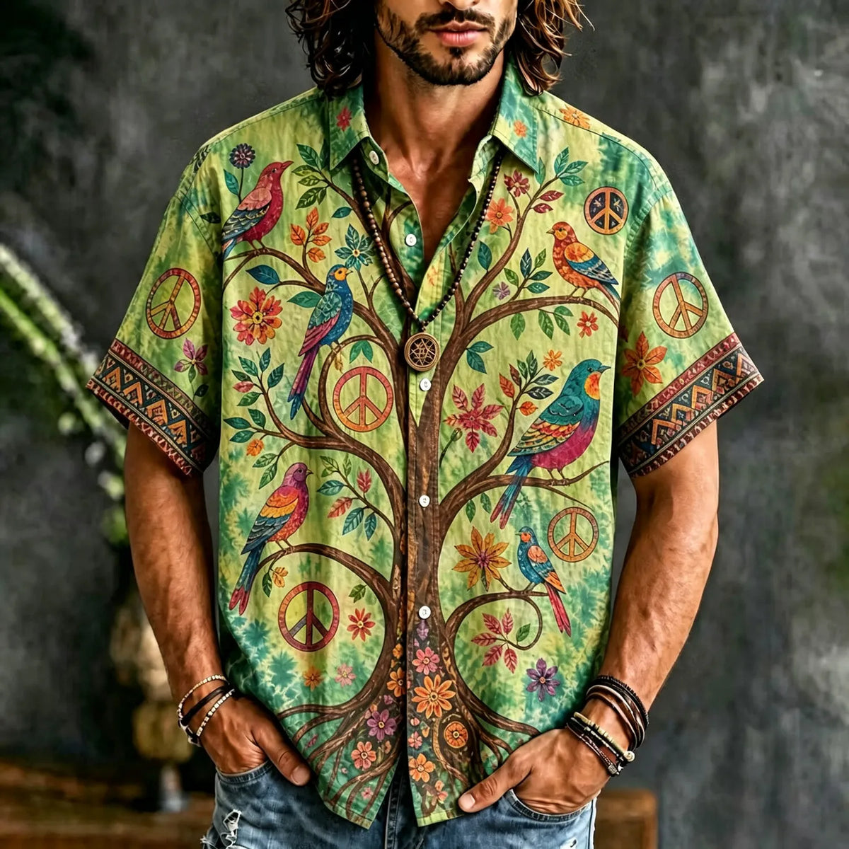 Men's Peace Sign Tree of Life Birds Print Short Sleeve Buttons Shirt