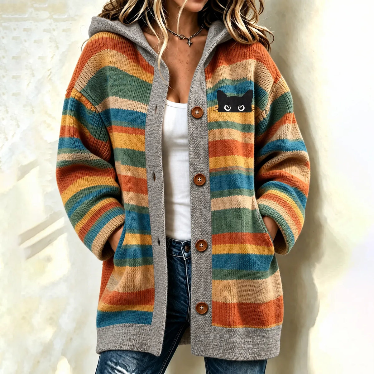Women's Peeking At The Black Cat With Colorful Stripes Jacquard Knit Cardigan