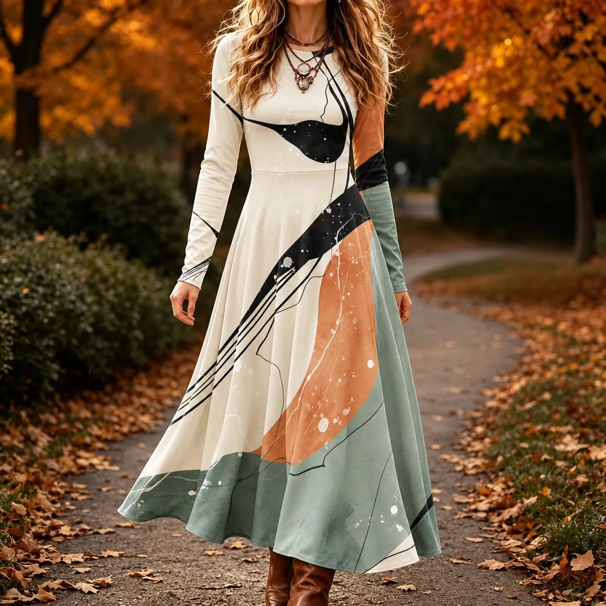 Women's Retro Geometric Art Print Long Sleeve Casual Maxi Dress