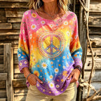 Women's Retro Hippie Peace Floral Print Crew Neck Long Sleeve T-shirt