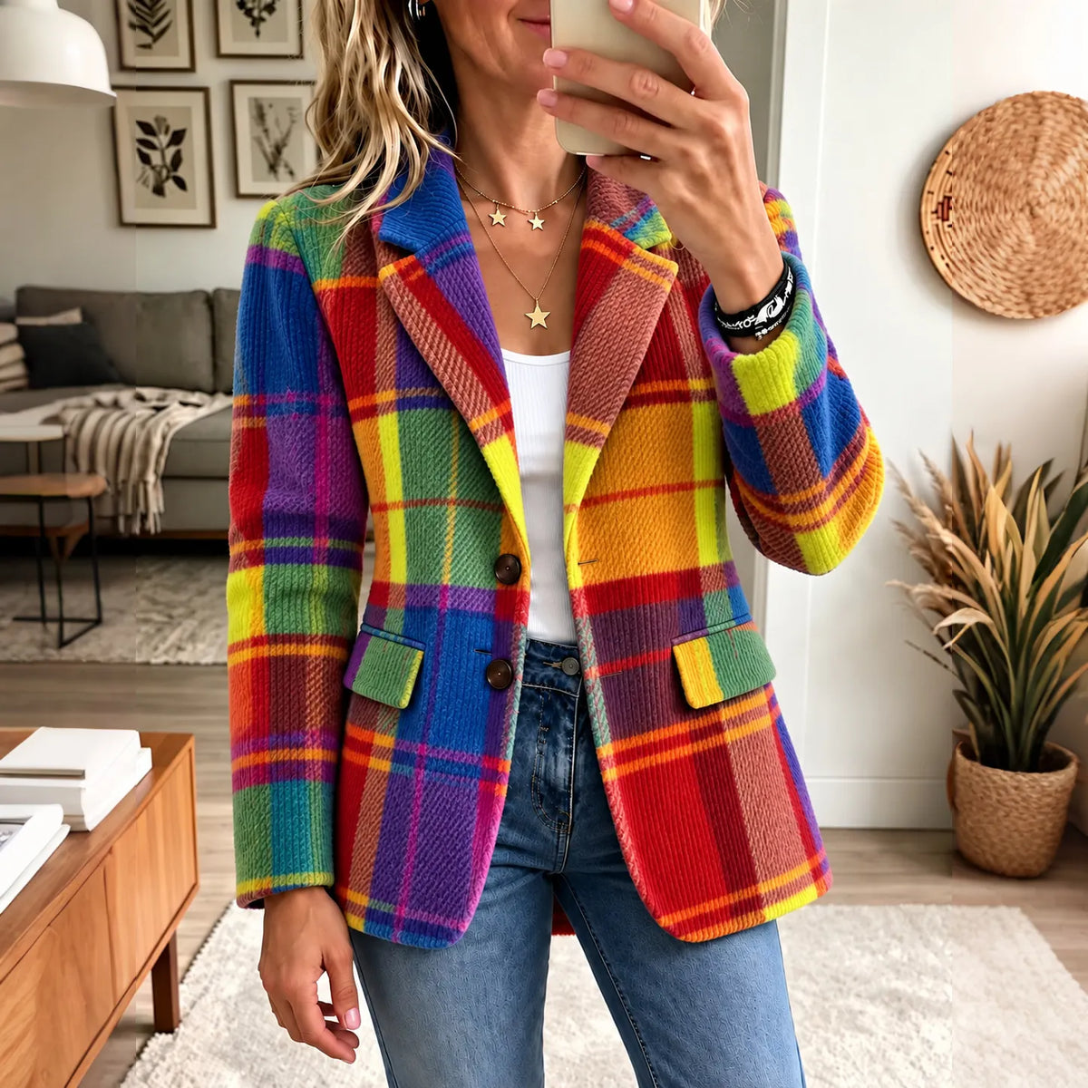Women's Retro Multi-color Plaid Print Casual Corduroy Blazer