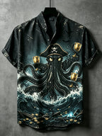 Men's Halloween Octopus Dark Pirate Drinking Art Short Sleeve Shirt