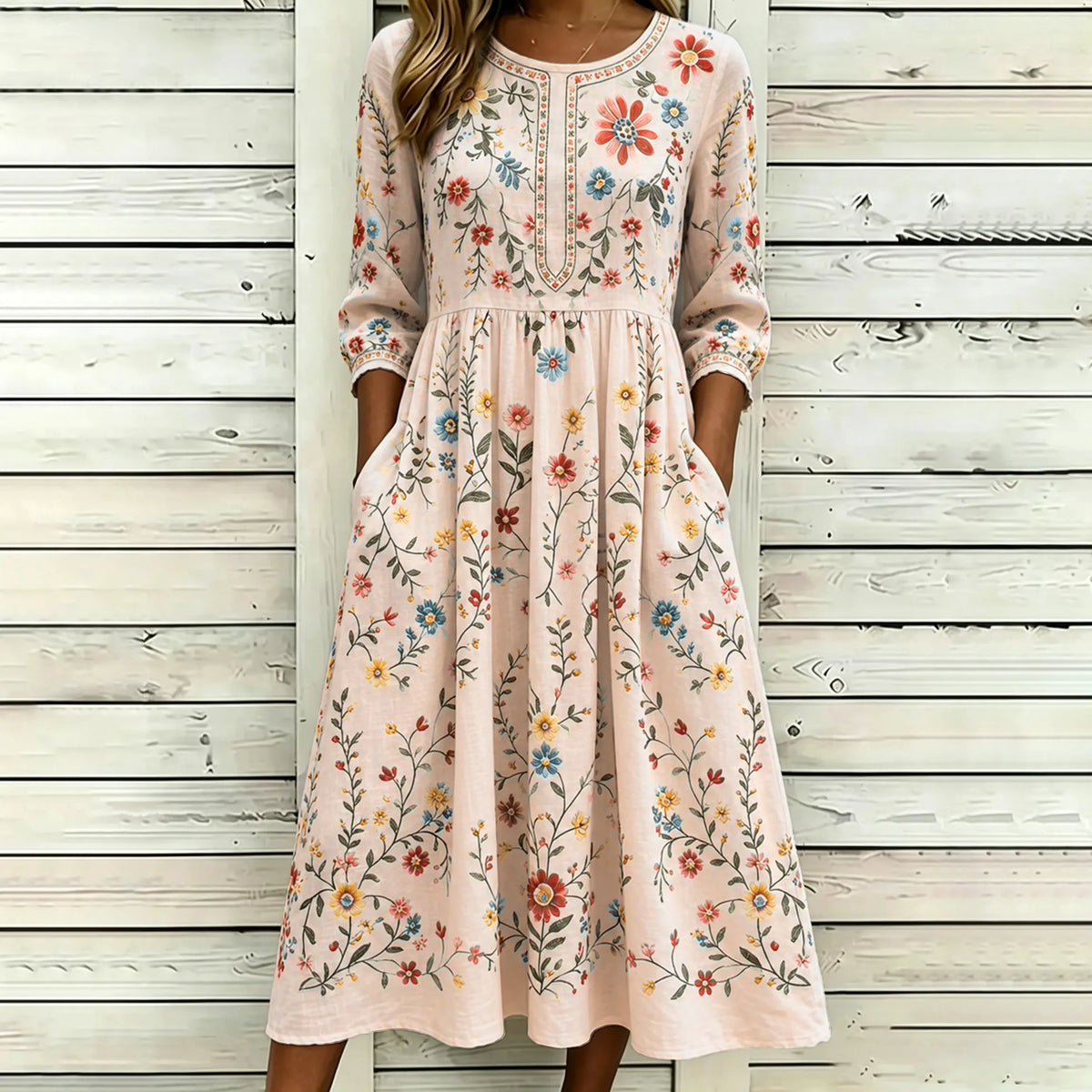Women's Vintage Floral Pattern Art Embroidered Linen Blend Dress