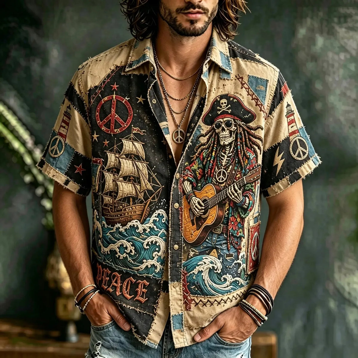 Men's Pirate Skull Guitar Ocean Print Short Sleeve Buttons Shirt