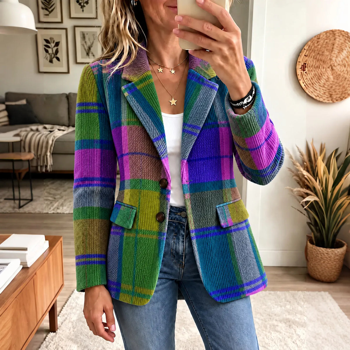 Women's Retro Multi-color Plaid Print Casual Corduroy Blazer