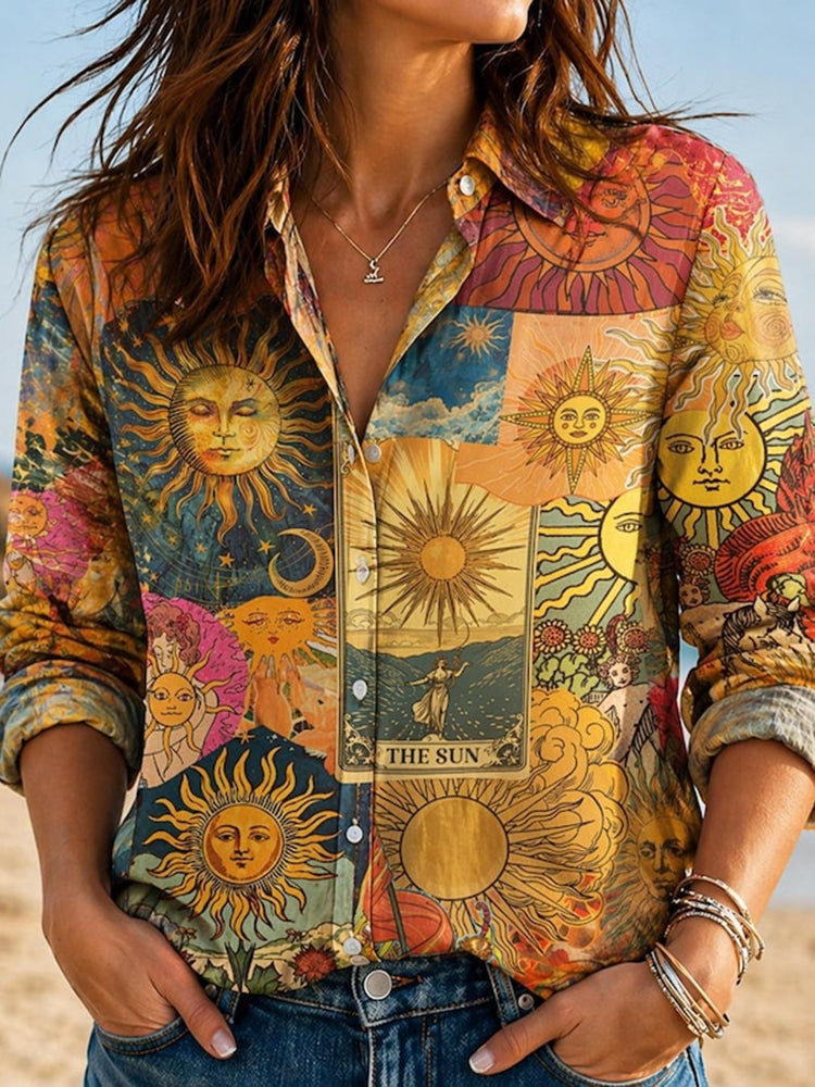 Women's Retro Hippie Style Sun Moon Star Art Pattern Linen Casual Shirt