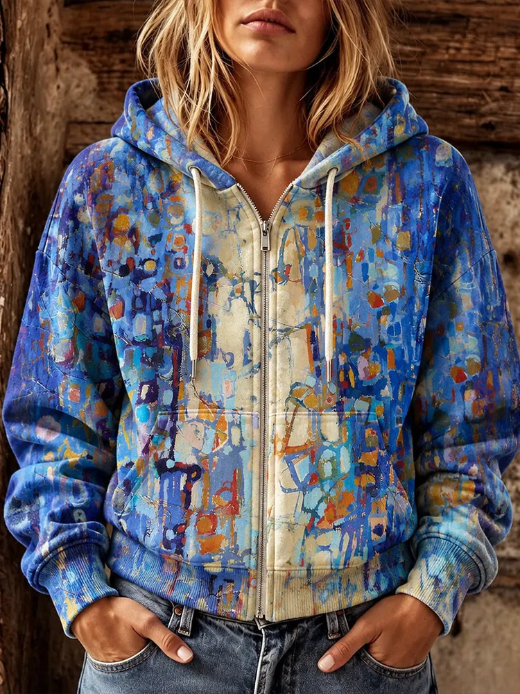 Women's Retro Geometric Oil Painting Art Print Casual Zipper Hoodie