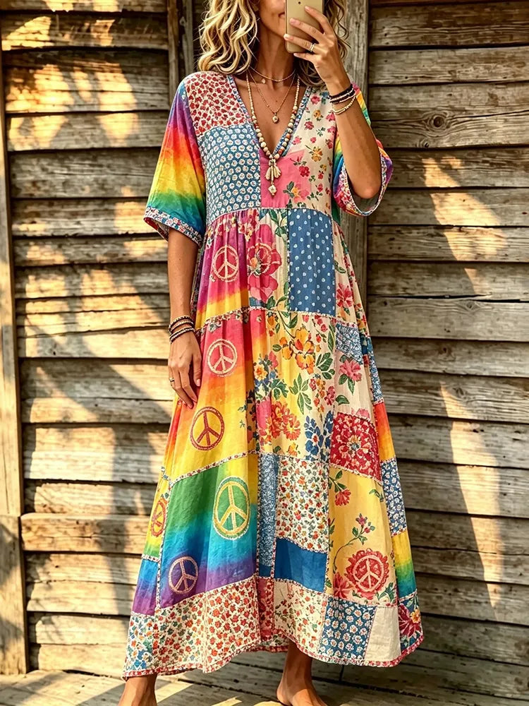 Women's Retro Hippie Peace Floral Art V Neck Short Sleeve Maxi Dress