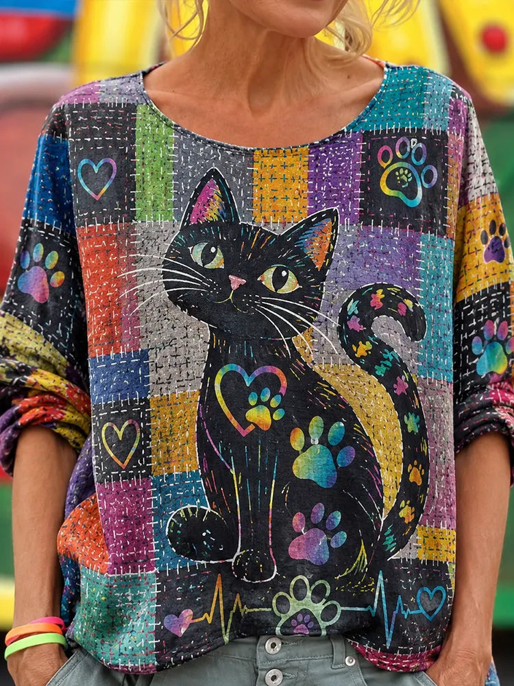 Women's Patchwork Black Cat, Hearts & Paw Prints Crewneck Sweatshirt