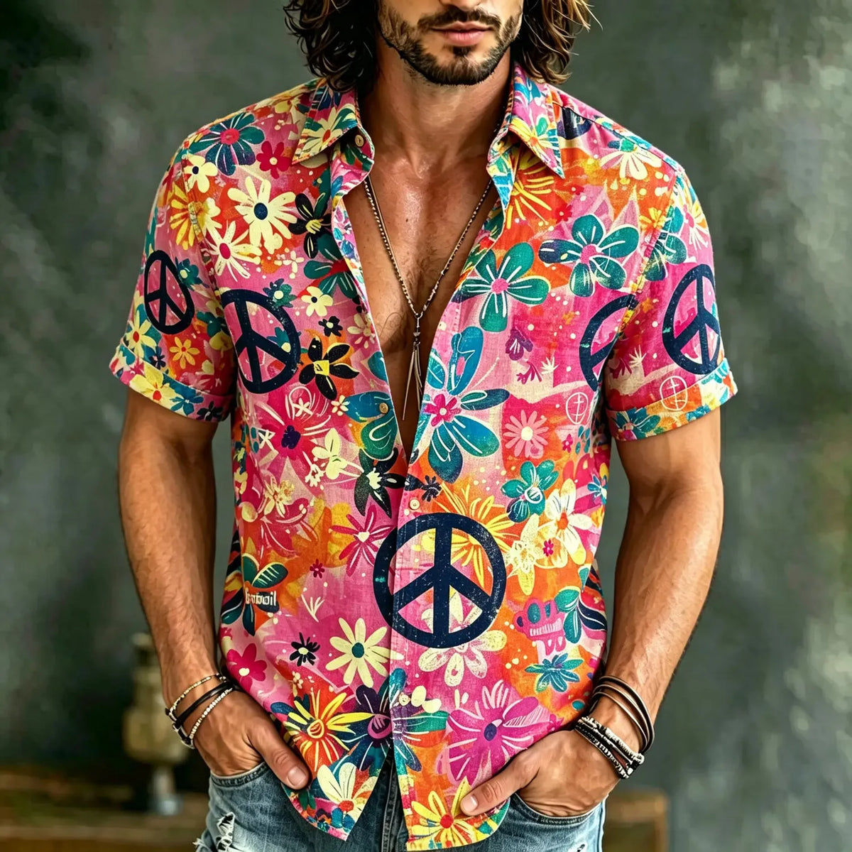 Men's Peace Sign Multi-petal Floral Print Short Sleeve Buttons Shirt