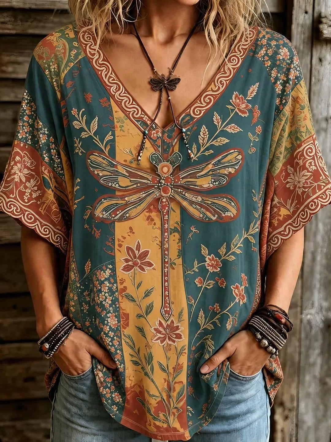 Women's Retro Bohemian Hippie Style Dragonfly And Floral Embroidered V-neck Top