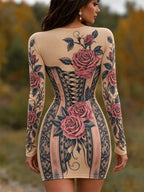 Women's Gothic Halloween American Traditional Tattoo Print Corset Rose Bodycon Dress