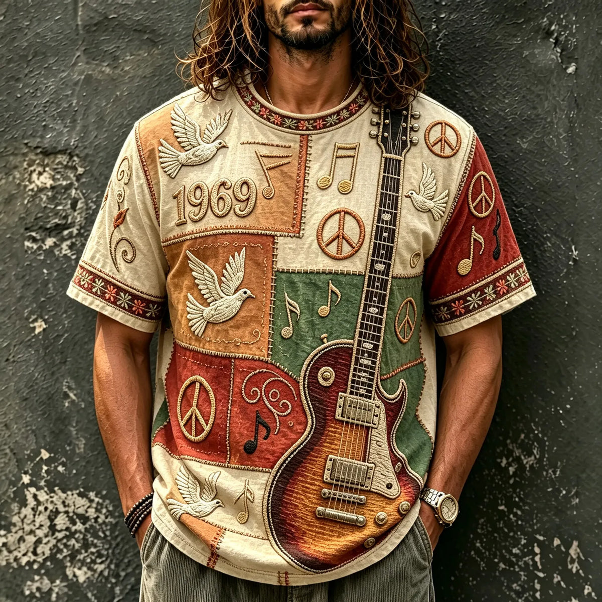 Men's 1969 Guitar Peace Dove Print Crew Neck Short Sleeve T-Shirt