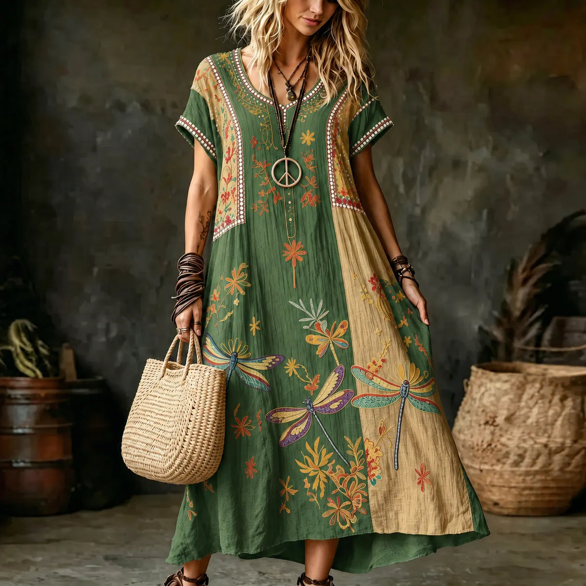 Women's Vintage Hippie Floral And Dragonfly In Patchwork Pattern Art Printed Linen Blend Maxi Dress