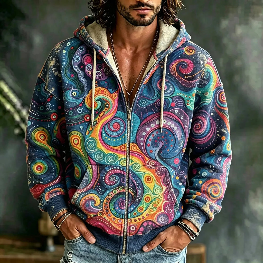 Men's Psychedelic Swirl Dot Curlicue Motif Print Zipper Hoodies
