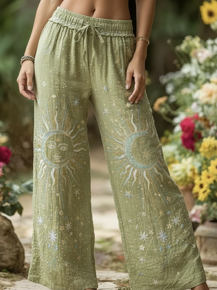 Women's Vintage Style Sun & Moon Embroidered Summer Pants