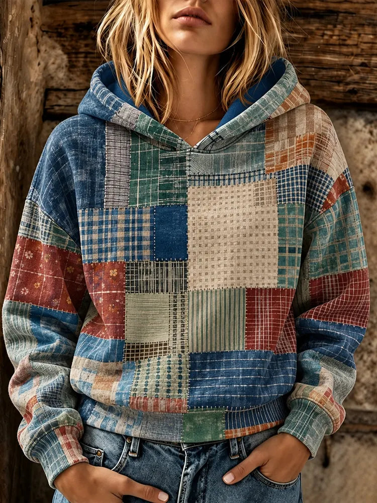 Women's Retro Plaid Patchwork Print Casual Hoodie