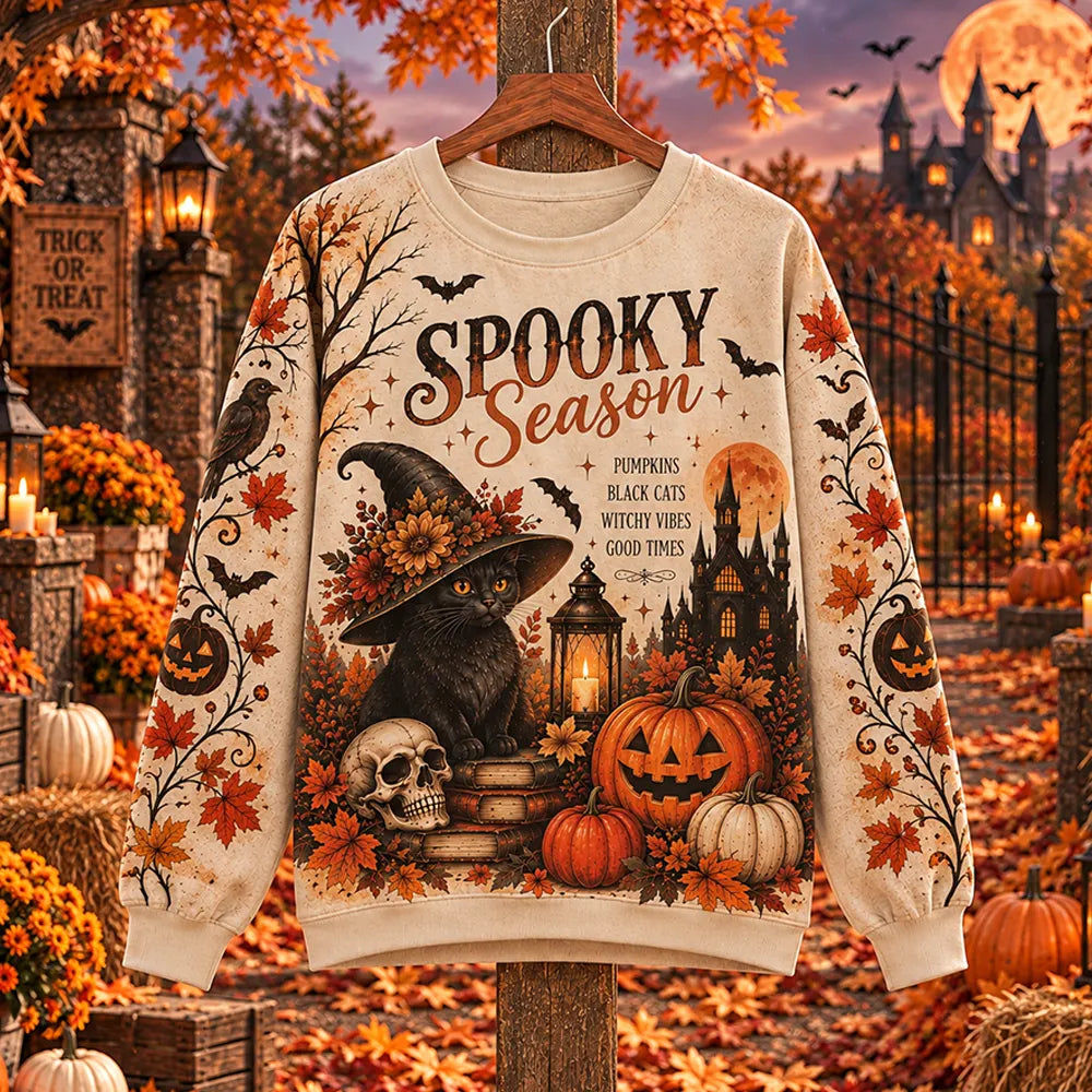 Women's  Halloween Spooky Season Black Cat & Pumpkin Print Sweatshirt