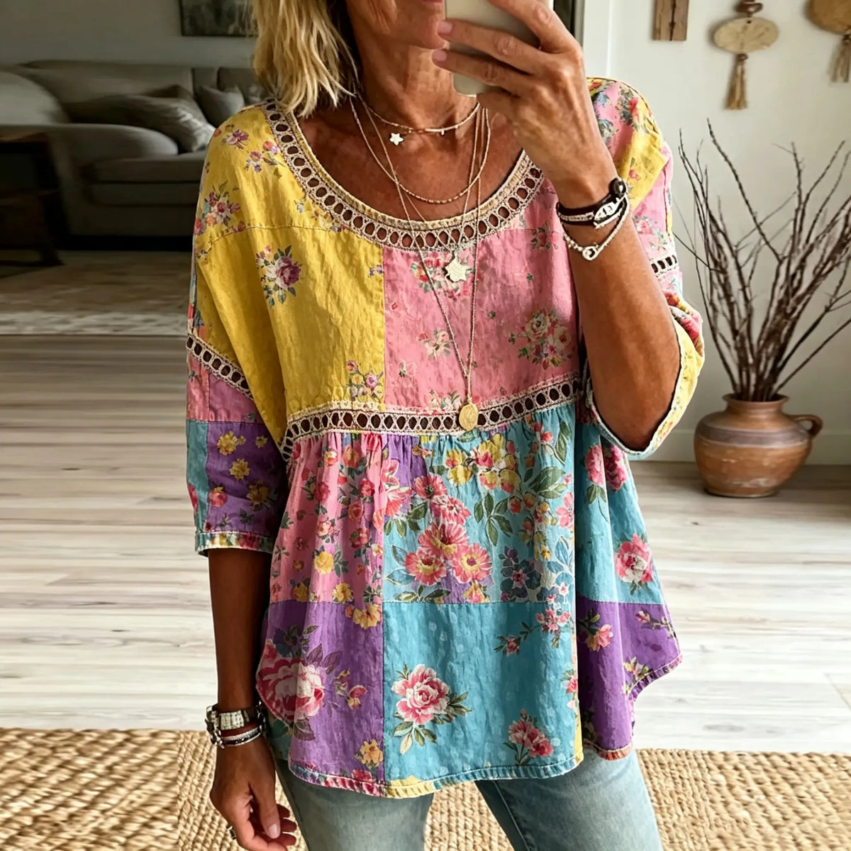 Women's Vintage Floral Hippie Vibes Art Print Flowy Linen Blend  Linen Tops