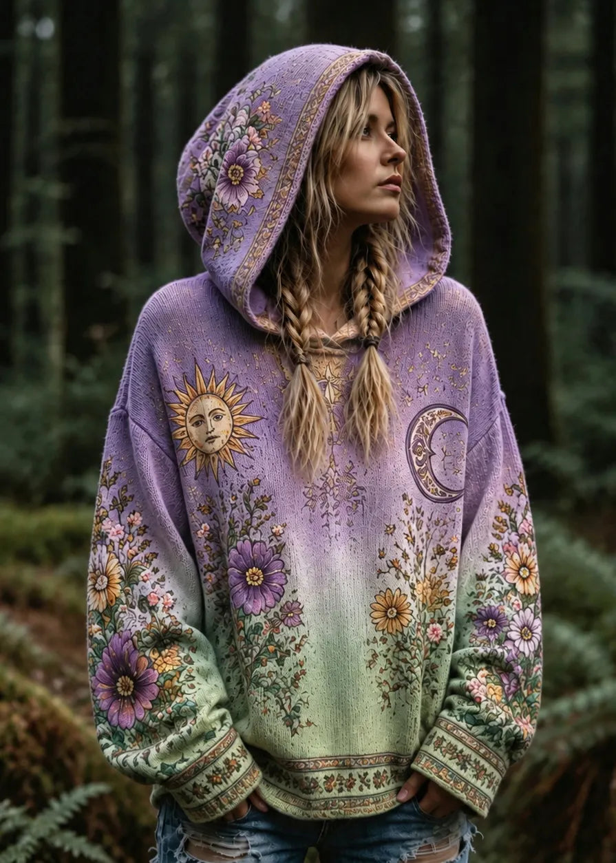 Women's Retro Hippie Floral Art Cozy Knit Hooded Sweater