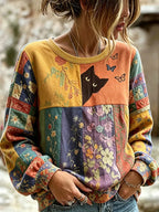 Women's Hippie Black Cat Art Print Round Neck Sweatshirt