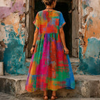 Women's Retro Multicolor Block Art Print Linen V-neck Short Sleeve Long Dress