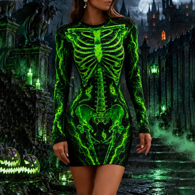 Women's Gothic Halloween Skeleton Flame Lightning Ghost Print Bodycon Dress