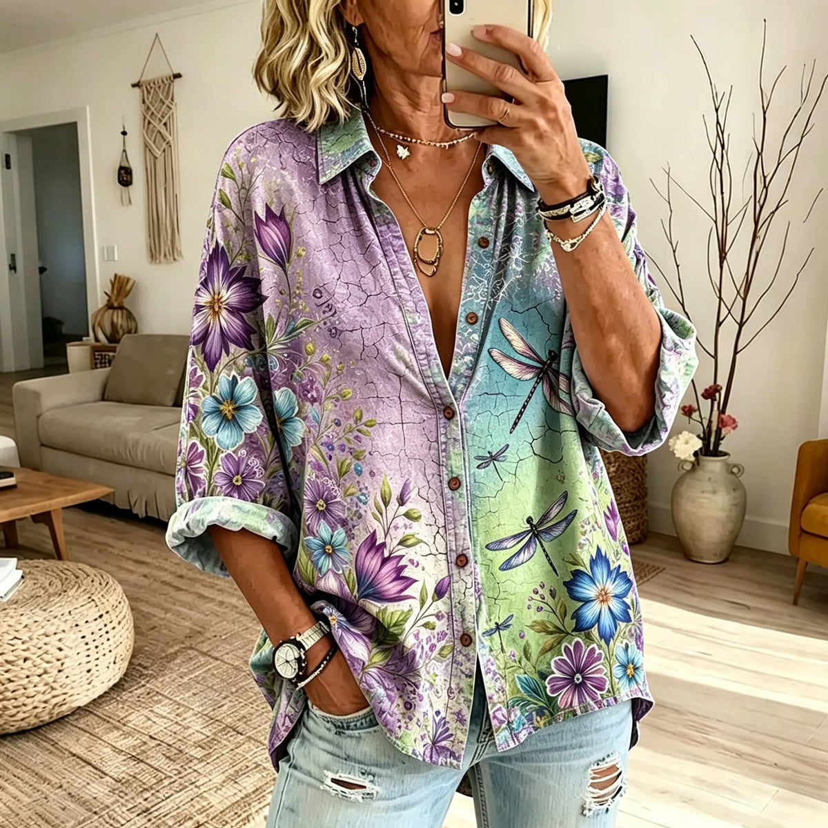 Women's Retro Vacation Floral Dragonfly Tie-dye Gradient Print Long-sleeved Linen Shirt