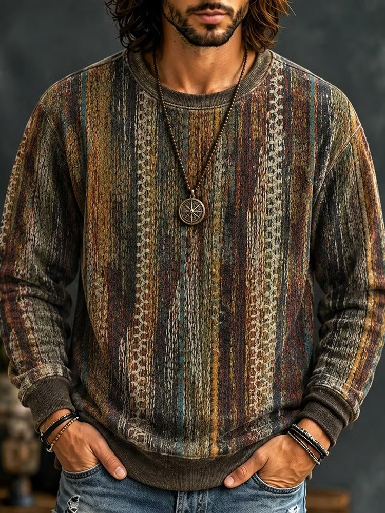 Men's Rustic Multitone Vertical Lace Striped Print Crew Neck Sweatshirt