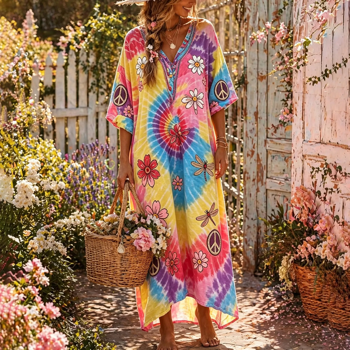 Women's Hippie Tie-dye Floral Patchwork Vacation V-neck Linen Maxi Dress