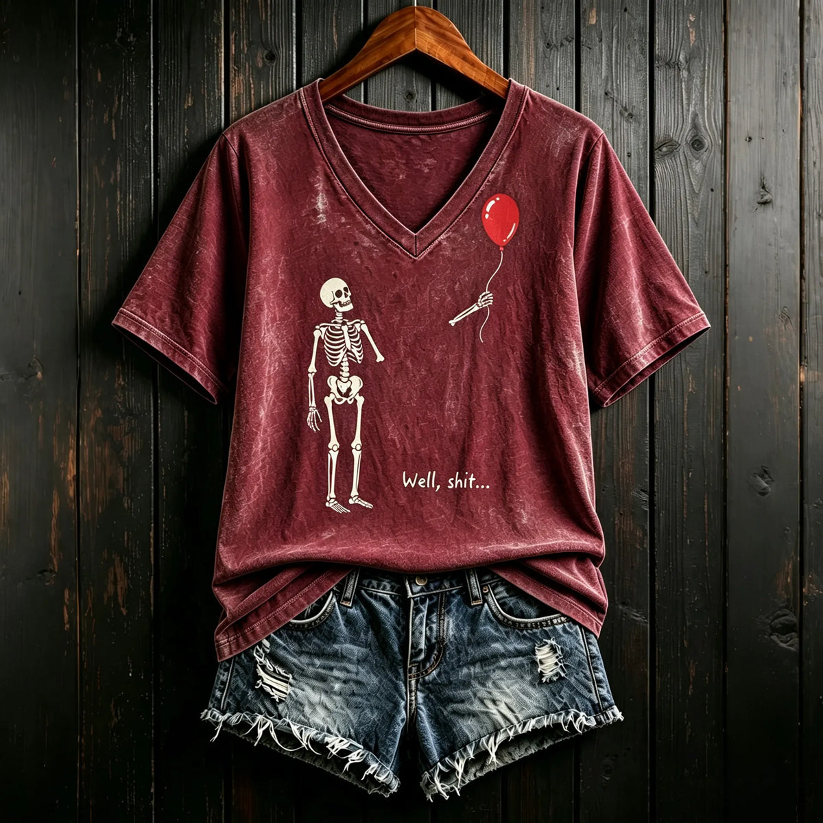 Women's Vintage Skeleton Lost Balloon Well Shit Funny Skeleton Graphic Print Casual T-shirt