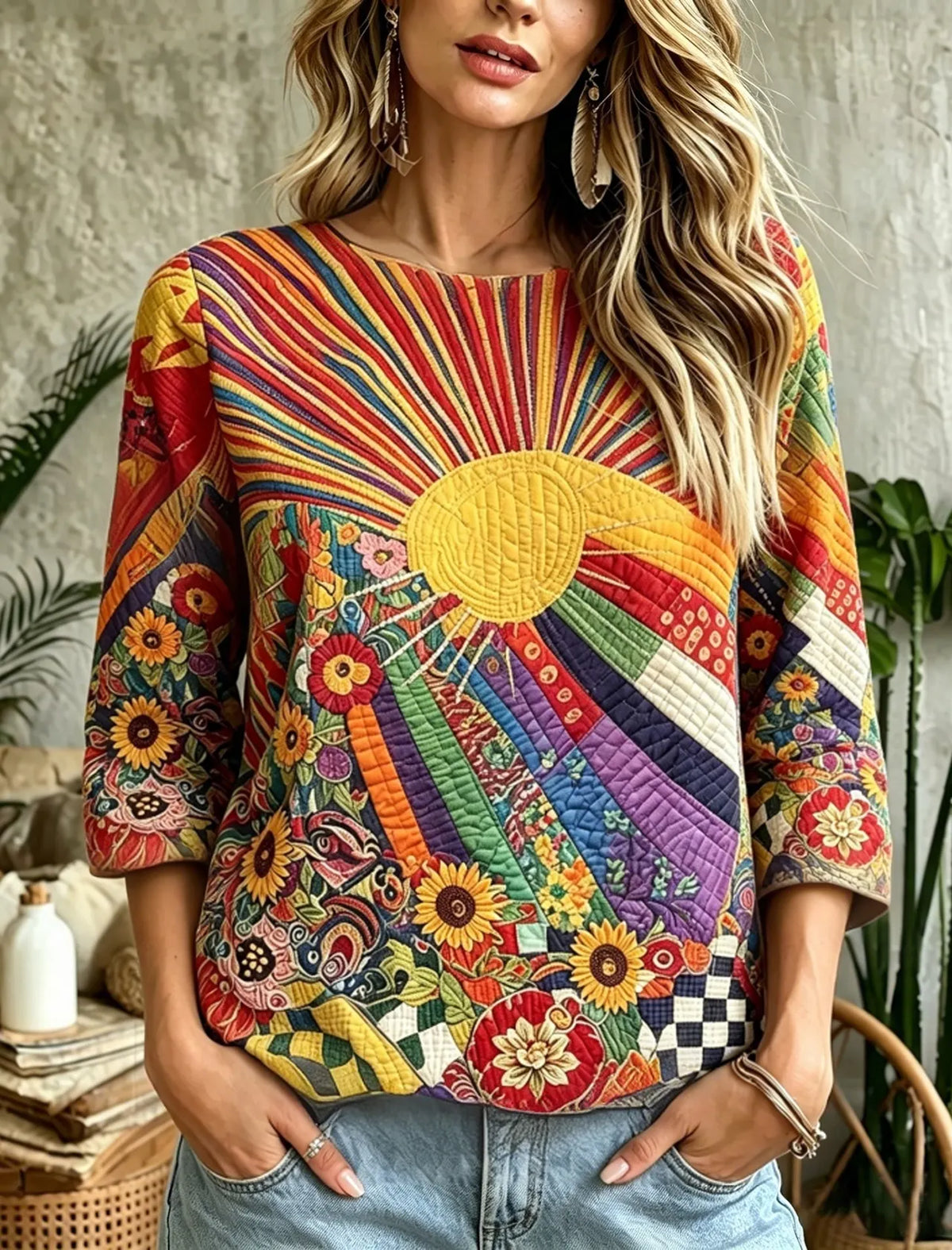 Women's Vintage Colorblock Hippie Sun Art Print Flowy Linen Blend Casual Mid-length Tops