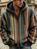 Men's Retro Ethnic Geometric Aztec Stripe Print Zip-Up Hoodie