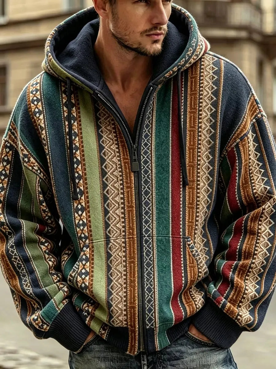 Men's Retro Ethnic Geometric Aztec Stripe Print Zip-Up Hoodie